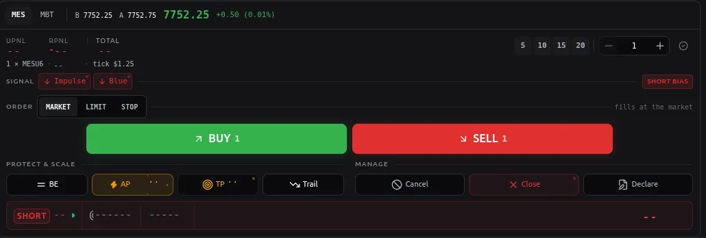 The order ticket: market, limit and stop entry, a size stepper, break-even, auto-pilot, take-profit and trailing controls, and the open position row. Account figures, size and price are masked.