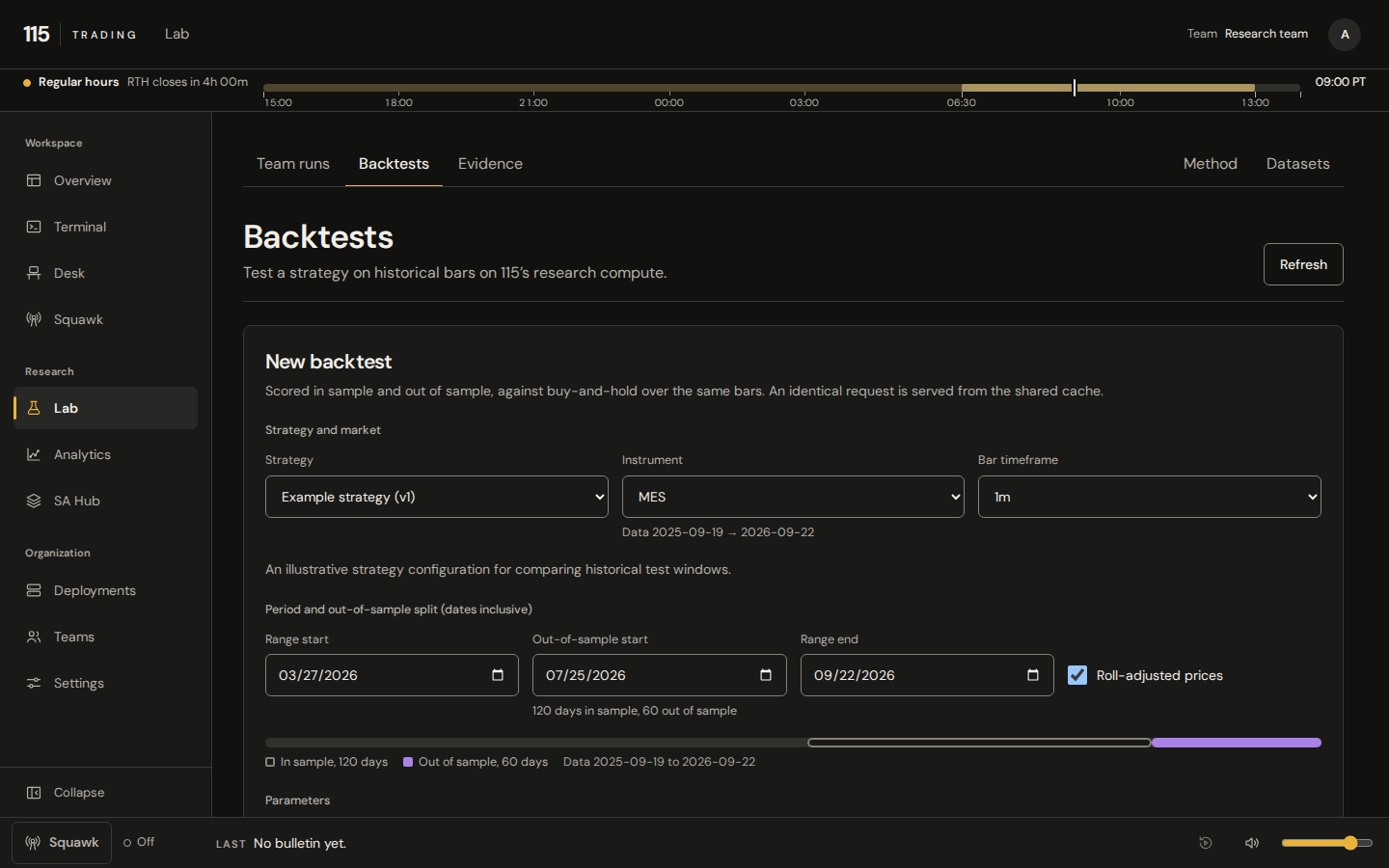 115 Lab backtest setup in dark mode: strategy, instrument, historical window and test split. Actual interface with synthetic demonstration data.