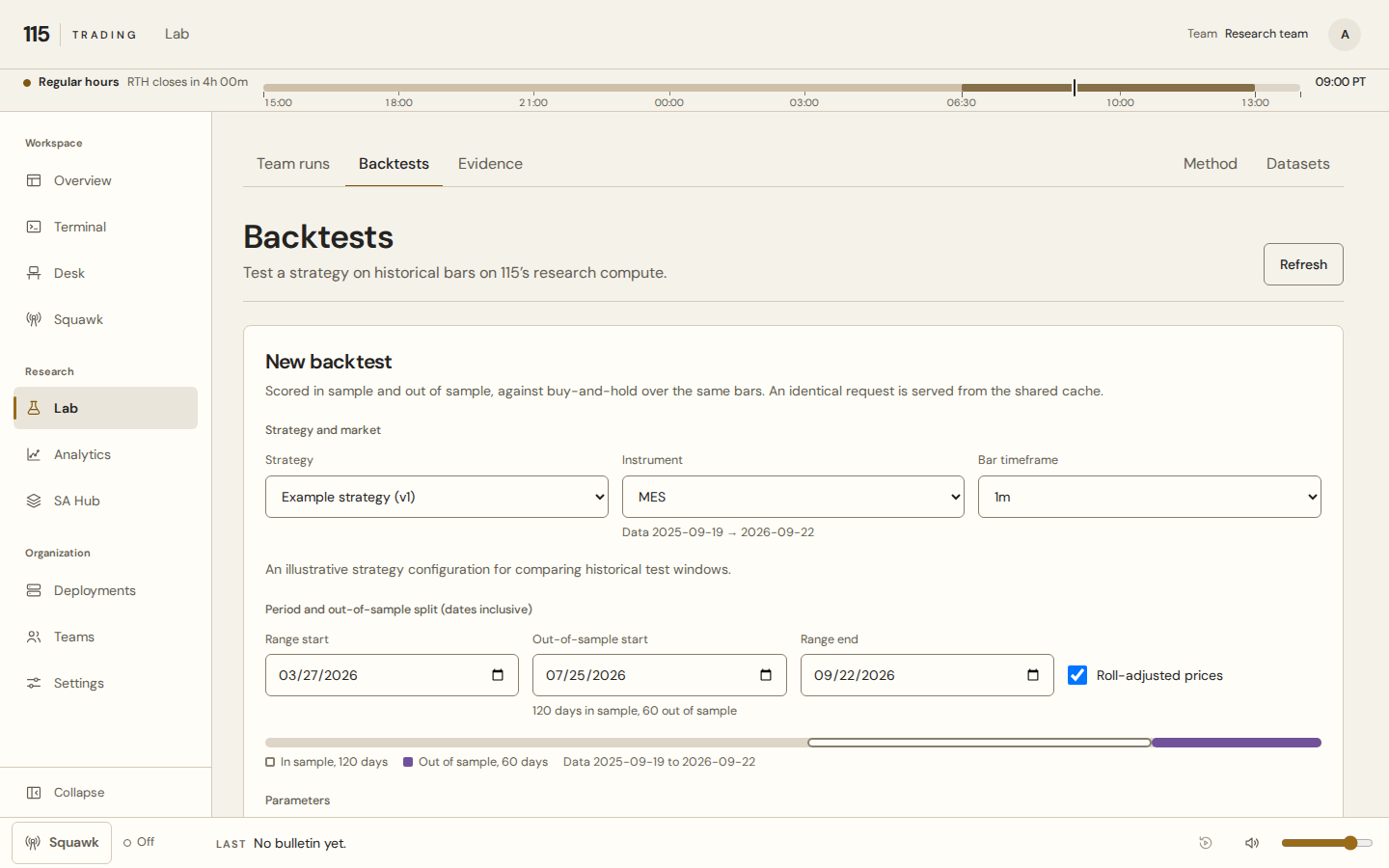 115 Lab backtest setup in light mode: strategy, instrument, historical window and test split. Actual interface with synthetic demonstration data.